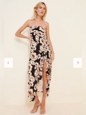 Ownley Floral Strapless Maxi Dress Size S High Slit Brown Cream Free People